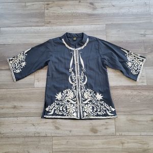 Vintage Macelli Black Floral Embroidered Tunic Made in Mexico Medium